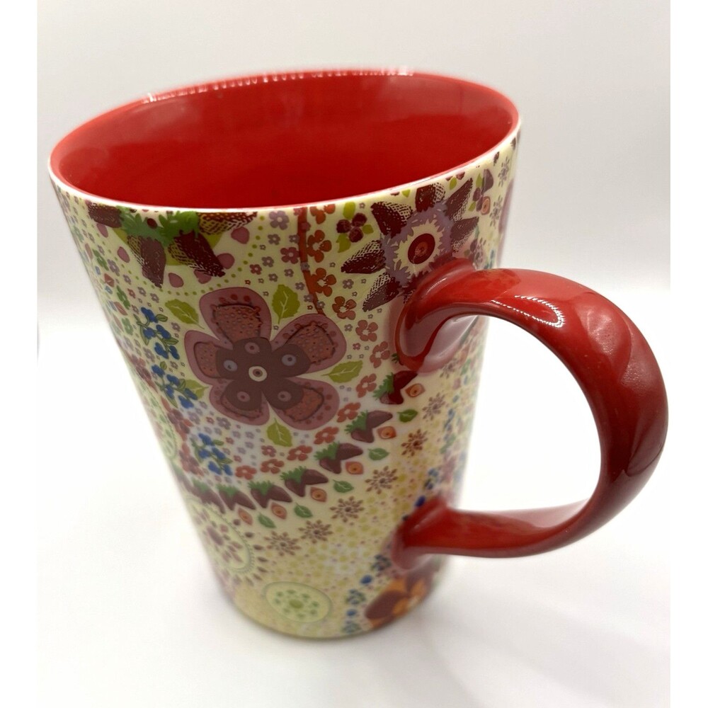 Starbucks 2001 Floral Pattern Mug Red Handle & Interior Multicolor 13 fl oz